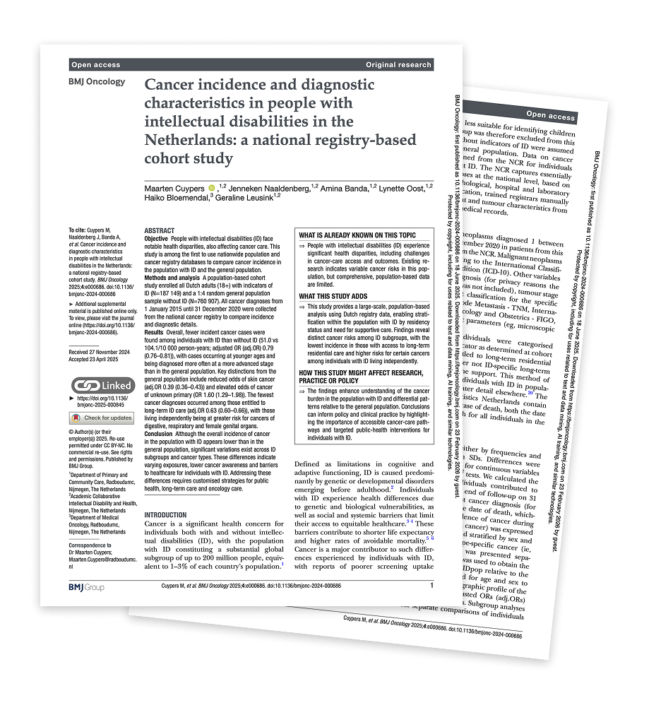 Publicatie “Kankerincidentie en diagnostische kenmerken bij mensen met een verstandelijke beperking in Nederland”